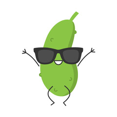 Cucumber jumping cute character cartoon funny vegetable smiling face joy happy emotions icon vector illustration.