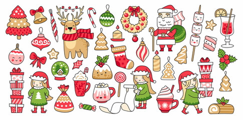 Christmas elves, santa claus, gifts and decorations. Merry christmas and happy new year. Collection of cute cartoon stickers, elements for greeting cards, prints, invitations. Vector illustrations.