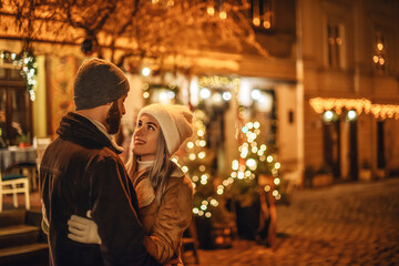 Christmas, winter holidays, vacation, New Year celebration conception: young happy hugging couple posing in street of European city. Outdoor night portrait. Copy, empty space for text
