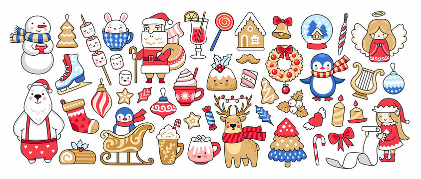 Big set of holiday christmas illustrations: snowman, deer, santa claus, gingerbread cookies, elf, gifts, decorations, polar bear. Happy New Year collection. Vector stickers, xmas isolated elements.