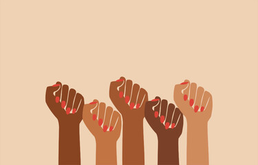 women female empowerment, black fist people, brown power, black history month, feminine, feminist pride, hands raised, retro graphic design, gender equality issue strong women, girl power vector print