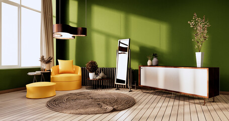 Green Living Room interior on green wall background. 3D rendering