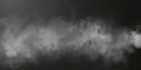White smoke puff isolated on transparent black background. PNG. Steam explosion special effect. Effective texture of steam, fog, smoke png. Vector.  © Sergey