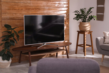 Stylish living room interior with TV on table and houseplants