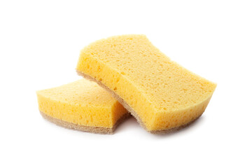 Yellow sponges for cleaning isolated on white background. Cleaning equipment. Plastic scourers for dishes