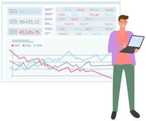 Presentation board with data analysis graphs and charts. Man works with statistics, strategy, development. Statistical analytics using technology. Businessman with laptop conducts project presentation