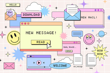 New message notification web banner template in retro computer browser interface style. 90s style design for mail marketing. Window tab with new message, vintage browser dialog tab and smile stickers - obrazy, fototapety, plakaty