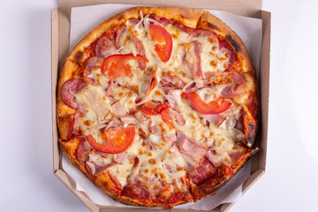 pizza in a box on a white background top view