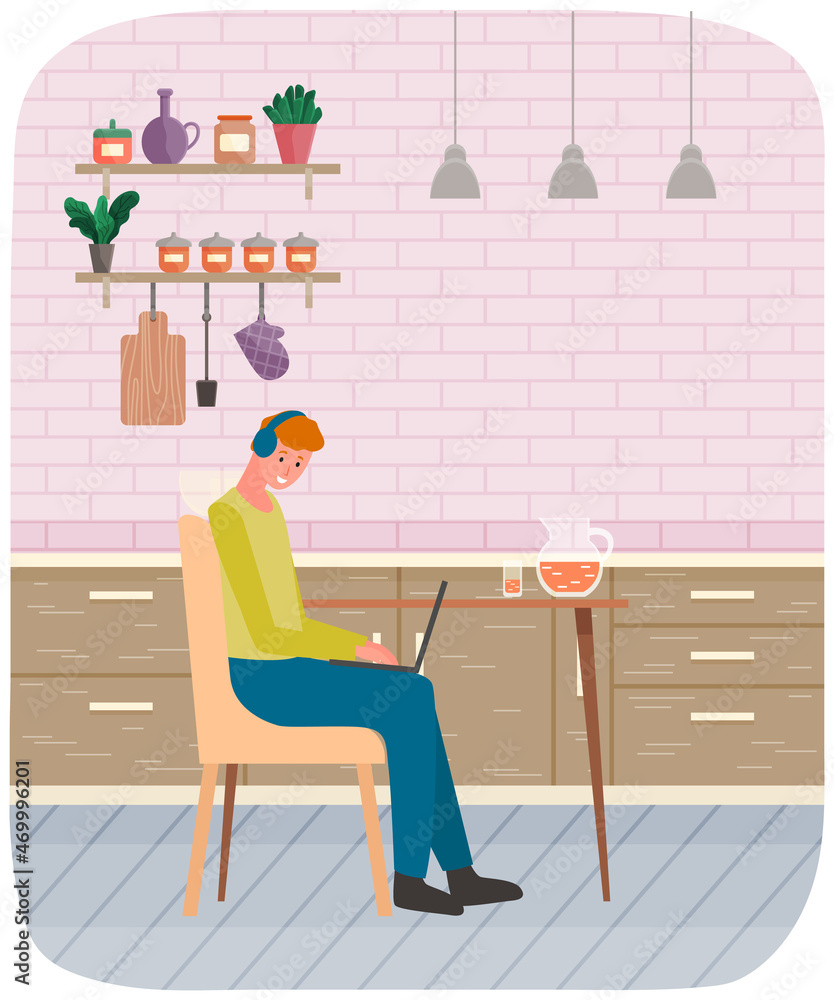 Poster man working with laptop at home. remote work, programming, online freelancing. male programer sits w
