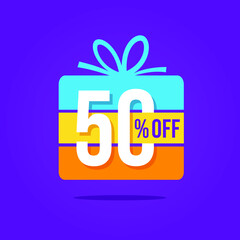 Fototapeta na wymiar 50% off. Fifty percent off. Special offer with discount. Colorful discount label for gift on blue background.