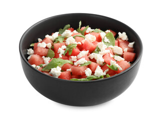 Delicious salad with watermelon, arugula and feta cheese isolated on white