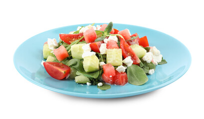 Delicious salad with watermelon, arugula and feta cheese isolated on white