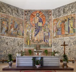 Poster ROME, ITALY - SEPTEMBER 2, 2021: The modern mosaic of Jesus with the st. Fabian and Venanzio in the church Chiesa dei Santi Fabiano e Venanzioby P. Ugulino (1963 - 1964). © Renáta Sedmáková