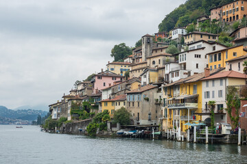 Gandria, Switzerland - October3rd 2021: The famous village centre seen from the lake