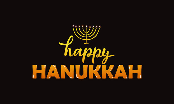 Happy Hanukkah handwritten text of golden textured letters on dark background. Modern brush calligraphy. Hand lettering, vector illustration for Jewish holiday as greeting card, invitation, poster