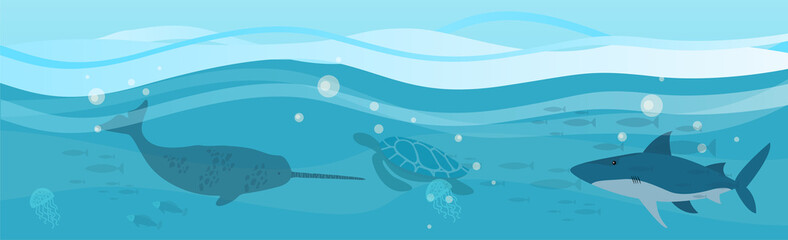 Underwater landscape with sea creatures. Large predatory marine mammals, killer whale and narwhal in ocean. Fish and marine life swimming in salty sea water. Whales and fishes, aquatic world © robu_s