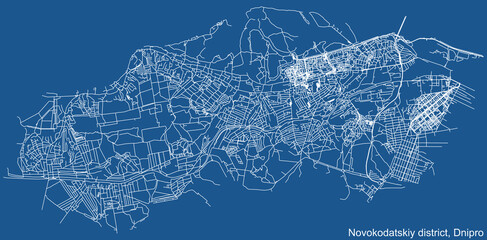 Detailed technical drawing navigation urban street roads map on blue background of the quarter Novokodatskyi District of the Ukrainian regional capital city of Dnipro (Dnepropetrovsk), Ukraine