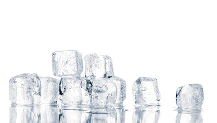 Natural crystal clear melting ice cubes on a white reflective surface background.