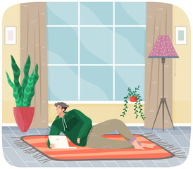 Obraz premium Man lying on couch with computer, holding laptop and correspondence surfing in Internet. Male character communicating with friends, studying remotely, sitting on floor, relaxing, resting after work