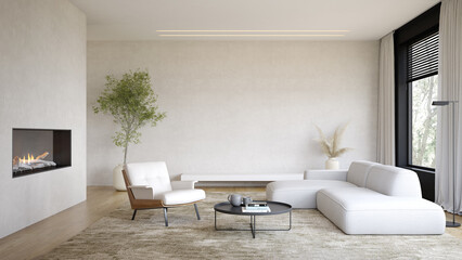Fototapeta na wymiar Interior of modern living room with fireplace 3D rendering