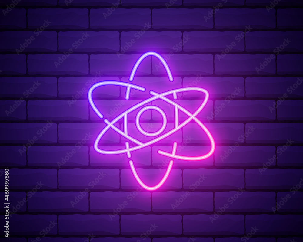 Poster atom with neon sign. atom structure light icon. vector illustration for design. physics concept. iso