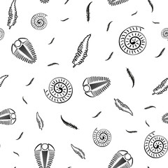 Ammonite trilobite fern vector seamless pattern background. Hand drawn spiral-form shell cephalopod and arthropod ribbed fossils, ferns. Extinct marine predators and plant life backdrop. For education © Gaianami  Design