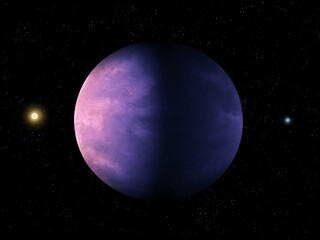 Fantastic planet in deep space, incredible extrasolar world, super-earth in cosmos. Realistic purple planet with a solid surface. 
