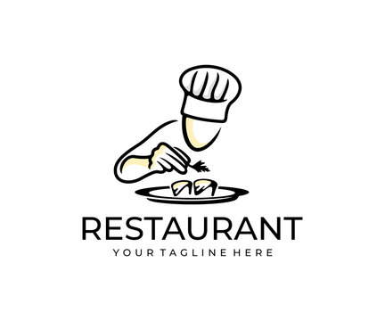 Cook, chef preparing a dish, logo design. Food, meal, restaurant and catering, vector design and illustration
