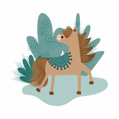 Vector illustration of a brown pony walking in nature.