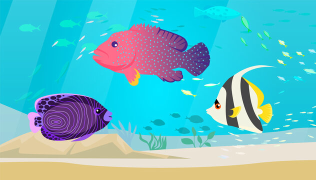 Underwater ocean fauna with exotic fishes. Ocean bottom with marine life reprsentatives. Marine underwater world with school of tropical fish. Seascape, undersea landscape vector illustration