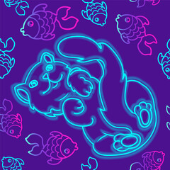 Vector seamless pattern with mysterious neon glowing cat is surrounded by fishes. Vibrant fluorescent cheshire cat under narcotic vision in wonderland. Used as web wallpaper, poster, background.