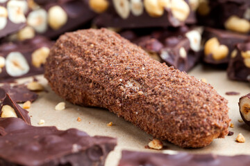sprinkled with cocoa powder custard cake with chocolate filling