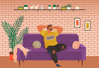 Man lying on sofa in apartment. Happy young guy relaxing, dreaming. Rest on couch and think about something. Home leisure. Male character lies on divan and smiles, enjoying time at home after work