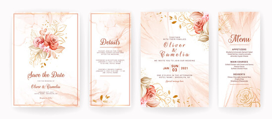 Gold wedding invitation card template set with line floral decoration. Abstract background save the date, invitation, greeting card, multi-purpose vector