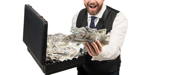 cropped happy man hold cafe with money isolated on white background, financial fraud