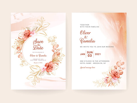 Gold wedding invitation card template set with line floral decoration. Abstract background save the date, invitation, greeting card, multi-purpose vector