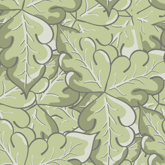 Stylized oak leaf vector seamless pattern background. Pastel sage green overlapping hand drawn leaves in arts and crafts style. Elegant botanical backdrop. Painterly foliage historical repeat