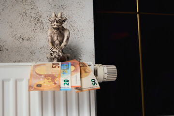 Photo a modern battery of home heating with the tap turned off, euro banknotes and a chimera...