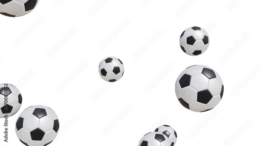 Poster realistic looping 3d animation of the falling classic soccer balls rendered in uhd with alpha matte