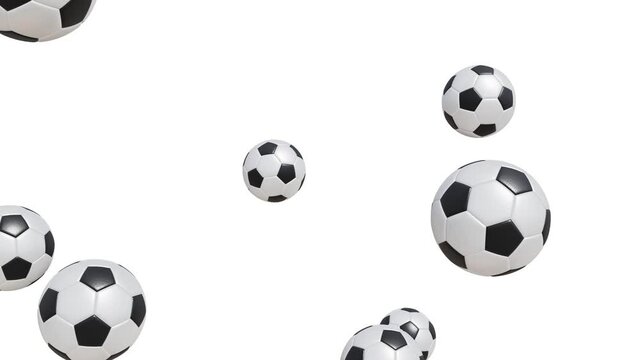 Realistic looping 3D animation of the falling classic soccer balls rendered in UHD with alpha matte