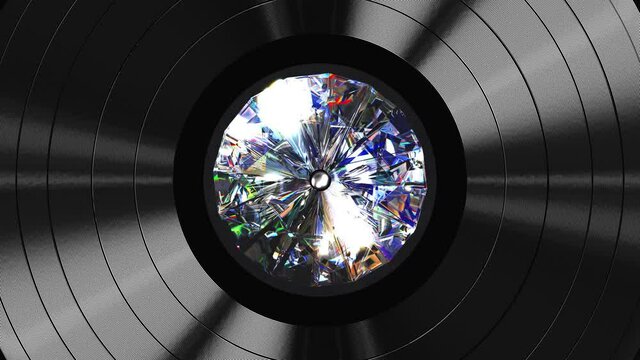 Realistic seamless looping 3D animation of the big shining diamond label vinyl record rendered in UHD as motion background