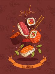 Sushi set. Sketch drawn vector illustration of sushi, rolls and chopsticks in motion against fish, shrimp and shellfish contour background decorated with text. Poster, sign, menu page, flyer, banner