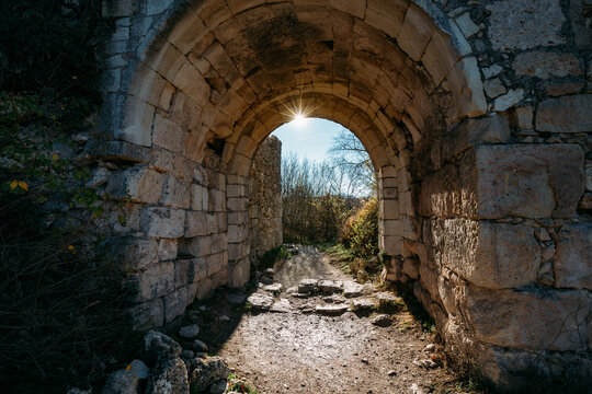 Old ruined fortress gate, Mangup-Kale city in the Republic of Crimea