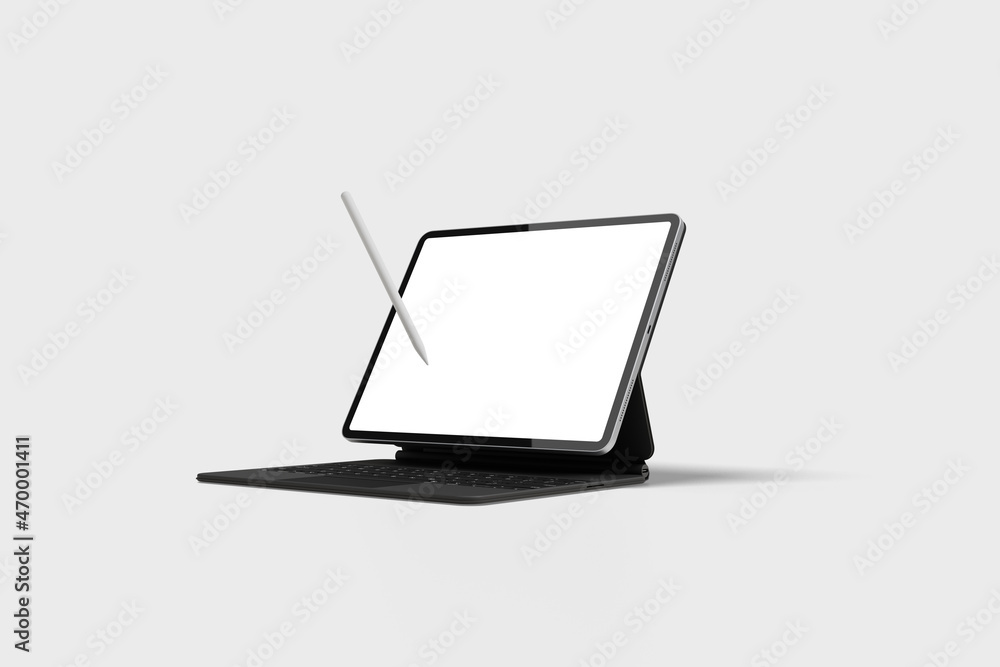 Poster blank tablet with smart keyboard template for infographics or presentation ui design interface.