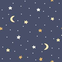 Obraz na płótnie Canvas Night sky with stars and the moon in cartoon style. Seamless pattern.