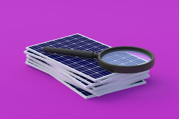 Heap of solar panels near magnifier. Research of photovoltaic elements. Discovery of new types of alternative energy. Scientific developments for environmental protection. 3d render