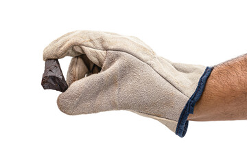 male miner hand holding iron ore, rough rock, mining or geology concept. Isolated white background