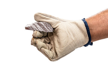 miner hand with protective glove holding silver color ore, metallic stone, isolated white background. Steelmaking or mining concept