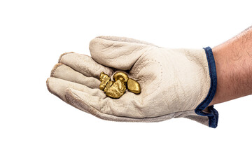 Obraz premium miner hand with protective glove holding gold ore, golden metallic stone, isolated white background. Steelmaking or mining concept