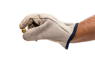 miner hand with protective glove holding gold ore, golden metallic stone, isolated white background. Steelmaking or mining concept